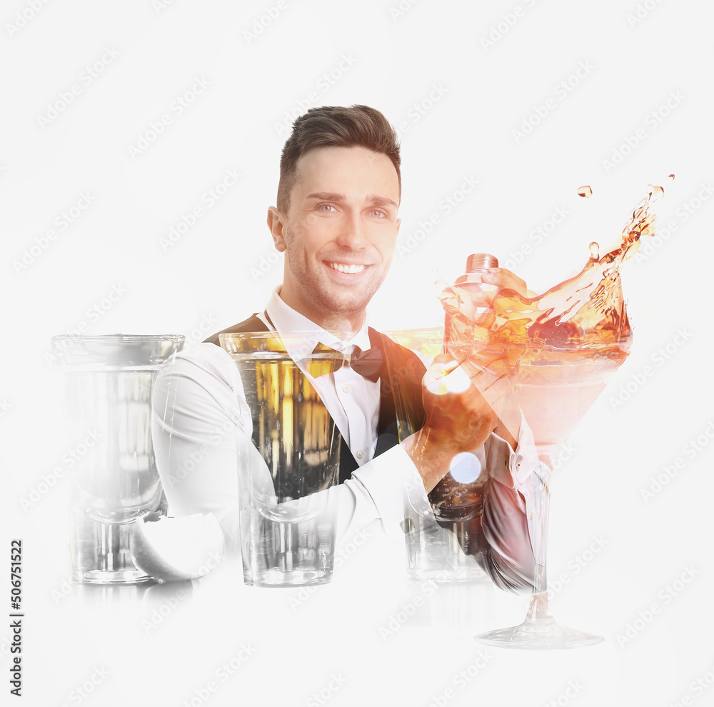 Handsome male bartender on white background