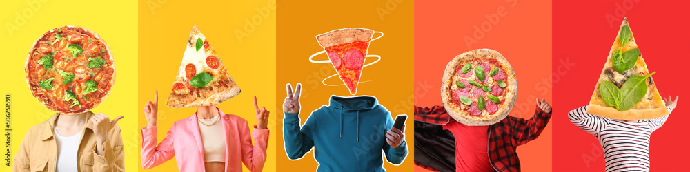 Many people with pizza instead of their heads on colorful background