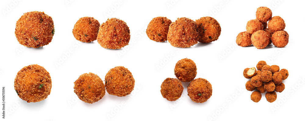 Set of tasty cod cutlets on white background