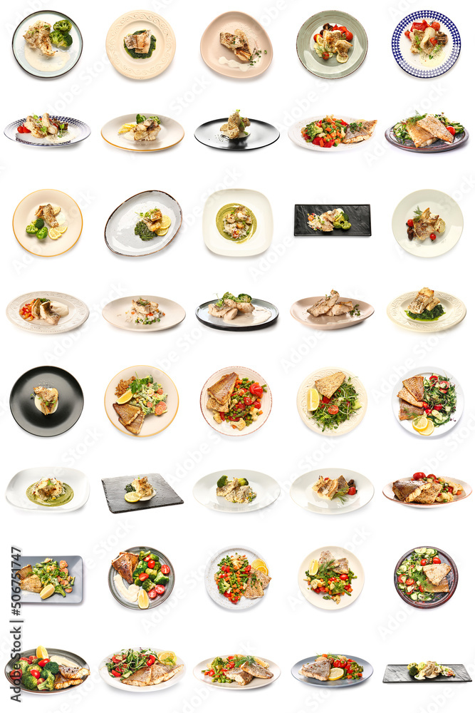 Set of plates with tasty baked cod fish fillet on white background