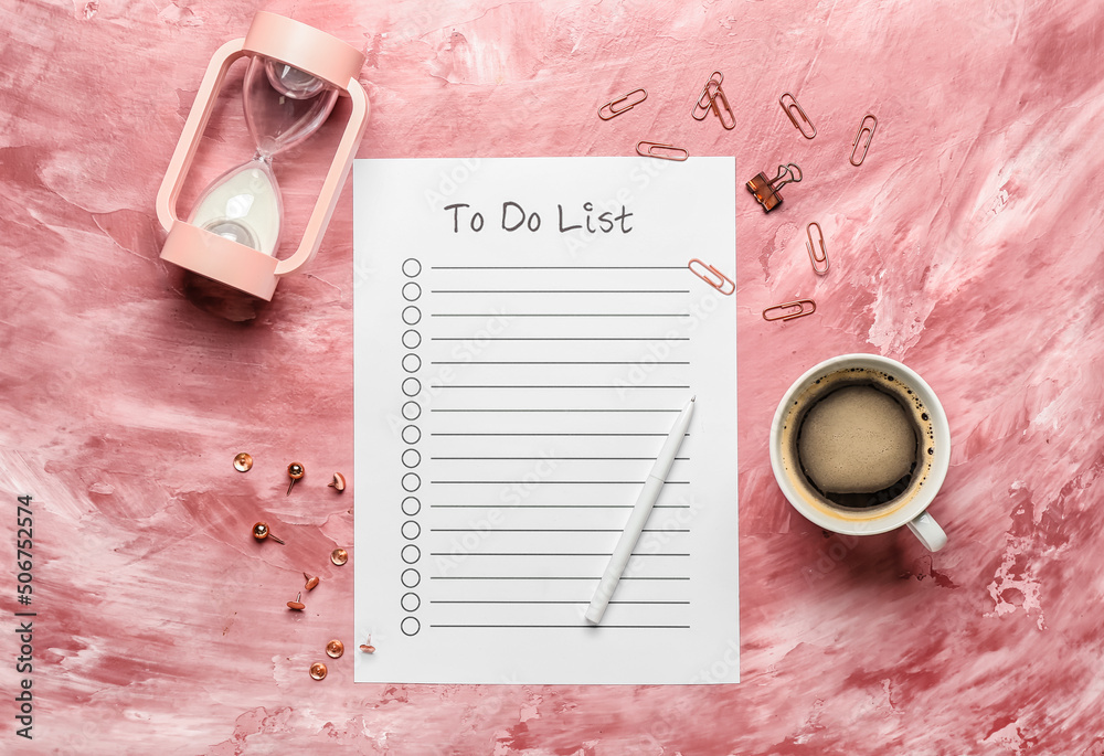 Composition with blank to do list, stationery, cup of coffee and hourglass on color background