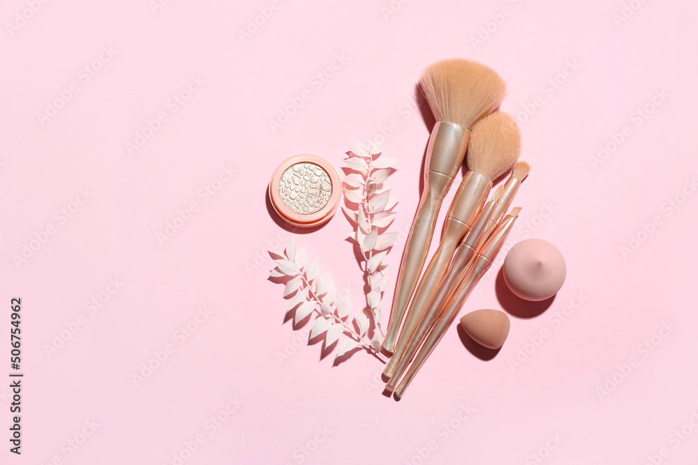 Makeup brushes with sponges, cosmetics and plant branches on pink background