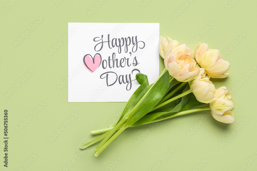 Card with text HAPPY MOTHERS DAY and flowers on green background