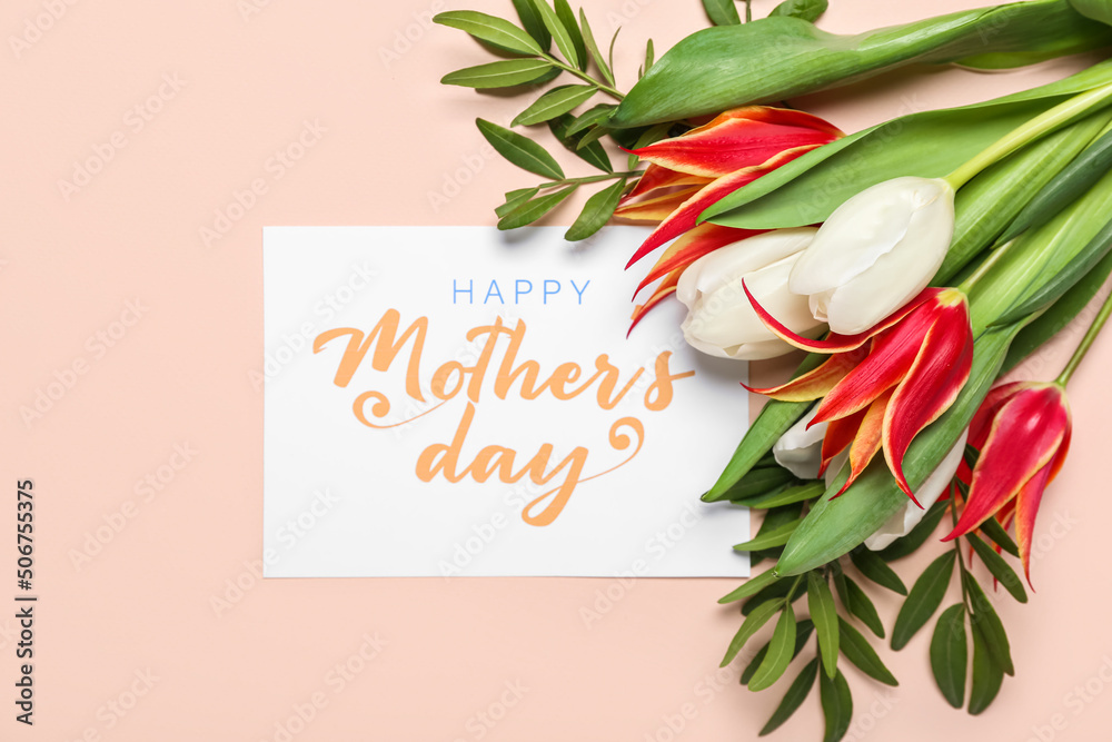 Card with text HAPPY MOTHERS DAY and bouquet of tulips on pink background