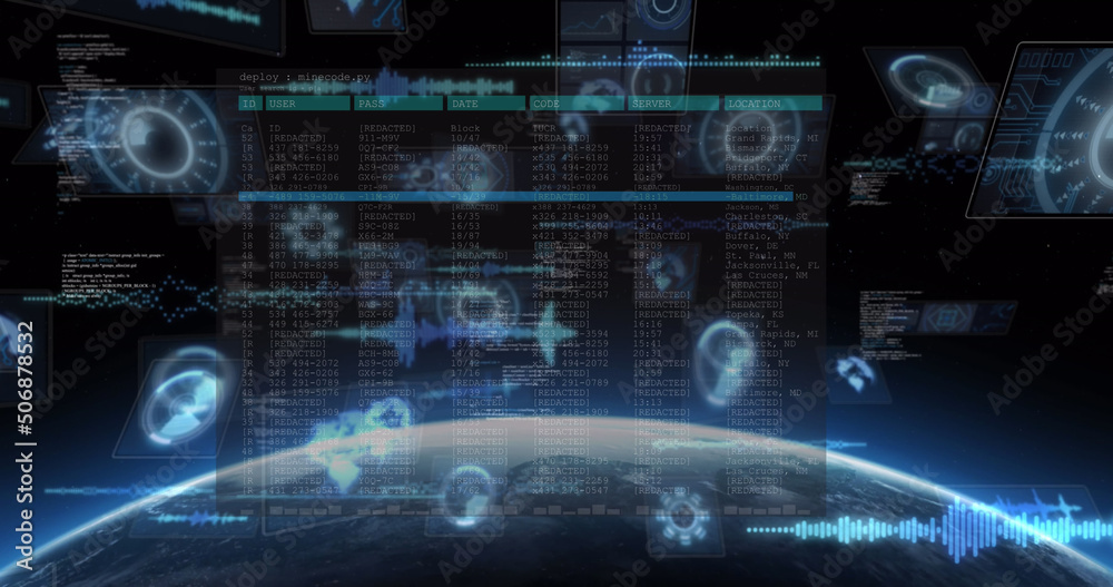 Image of data processing on screens over glowing star and planet earth