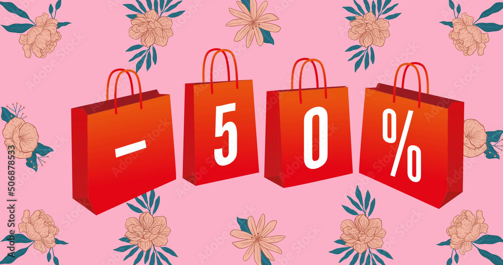 Image of 50 percentage text over flowers on pink background