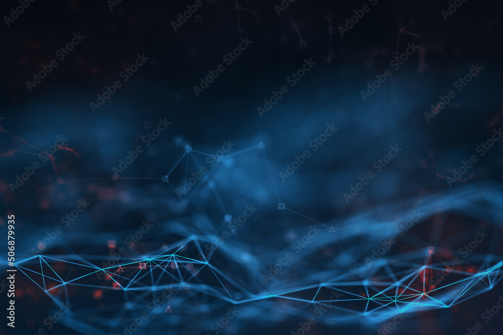 Dark abstract digital wallpaper with bright digital wireframe at blue smoky background, greed for la