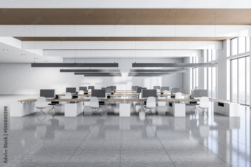 Front view on modern minimalistic design coworking office with wooden slatted ceiling, white furnitu