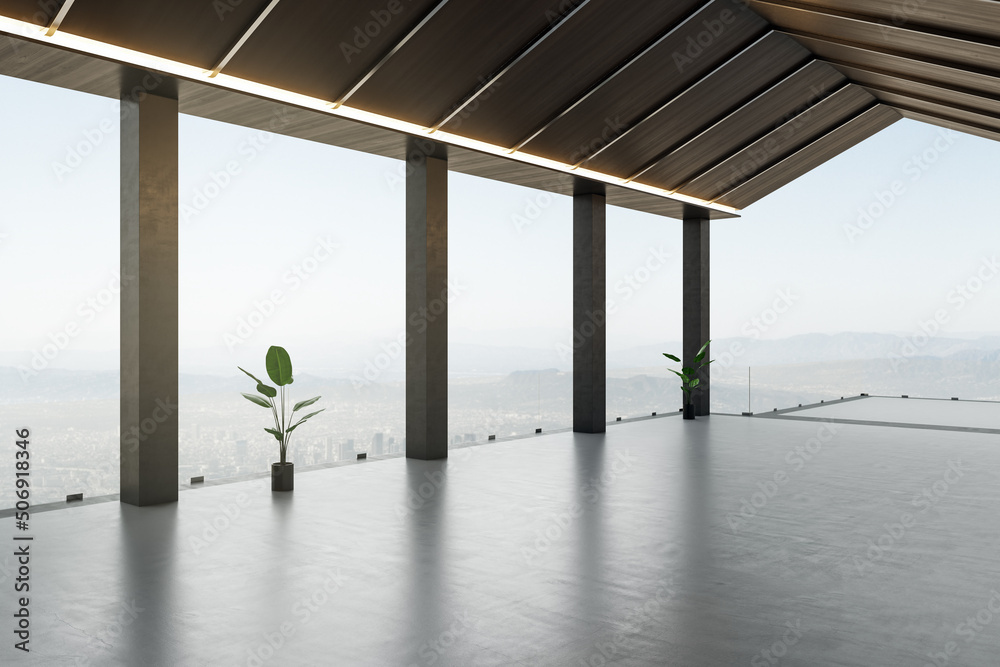 Side view on viewpoint in opened modern empty terrace high above the city with dark concrete columns