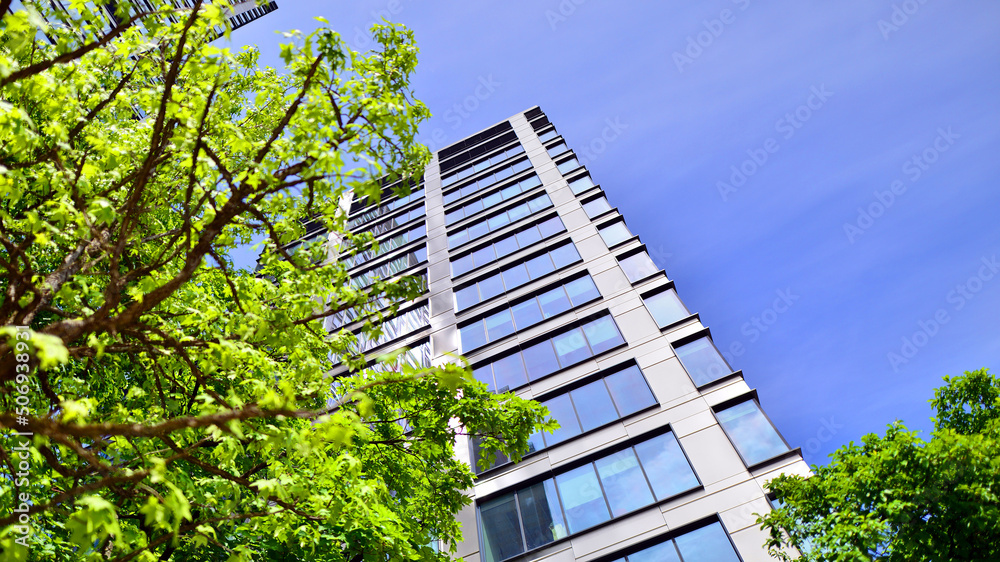 Fresh green trees and office building, business concept. Eco building in modern city concept.  