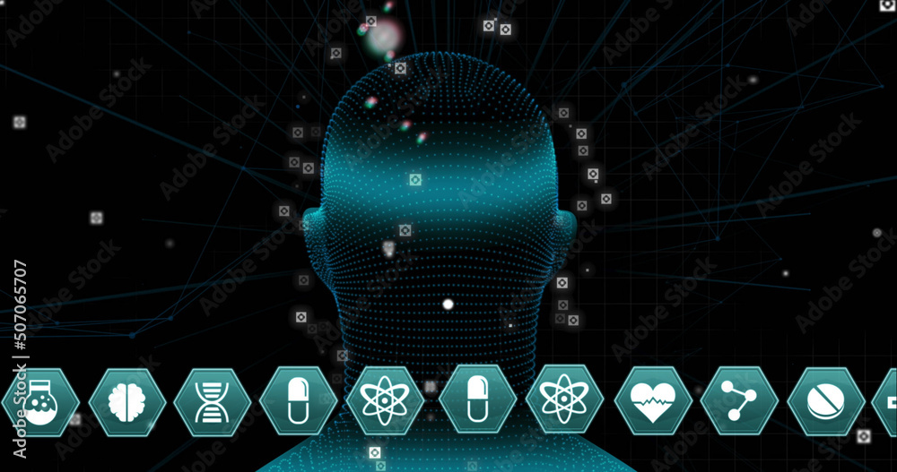 Image of digital head and medical icons on black background