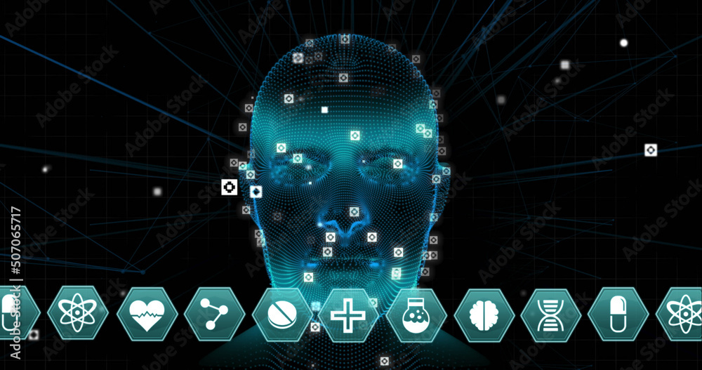 Image of digital head and medical icons on black background