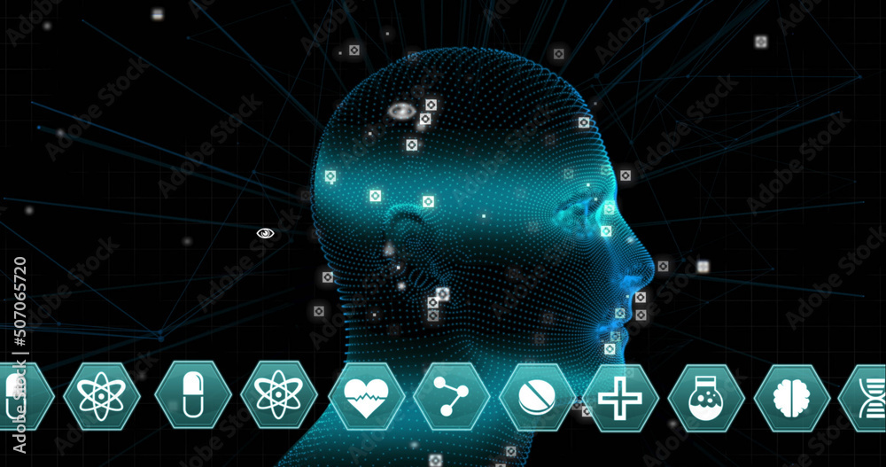 Image of digital head and medical icons on black background