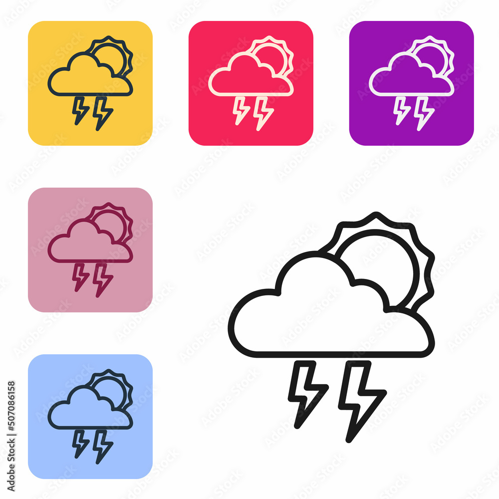 黑线风暴图标隔离在白色背景上。带闪电和太阳标志的云。天气图标