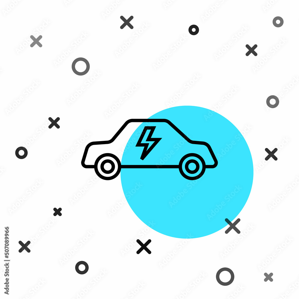 Black line Electric car and electrical cable plug charging icon isolated on white background. Renewa