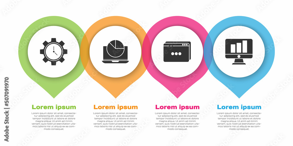 Set Time Management, Laptop with graph chart, Website template and Monitor with graph chart. Busines