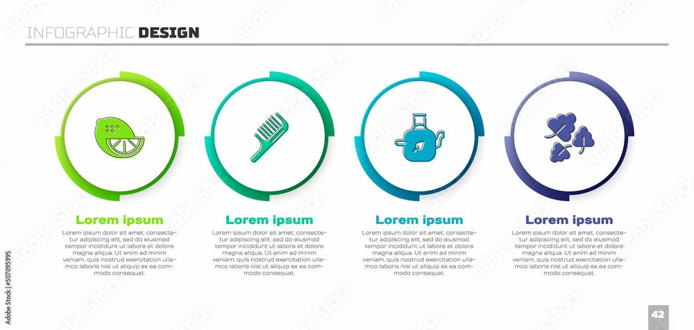 Set Lemon, Hairbrush, Teapot with leaf and Oak. Business infographic template. Vector