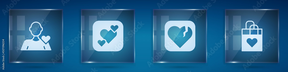 Set Romantic man, Heart, Broken heart or divorce and Shopping bag with. Square glass panels. Vector