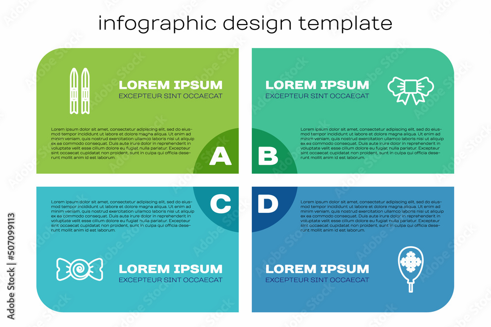 套装糖果、滑雪棒、雪花气球和蝴蝶结。商业信息图模板。Vect