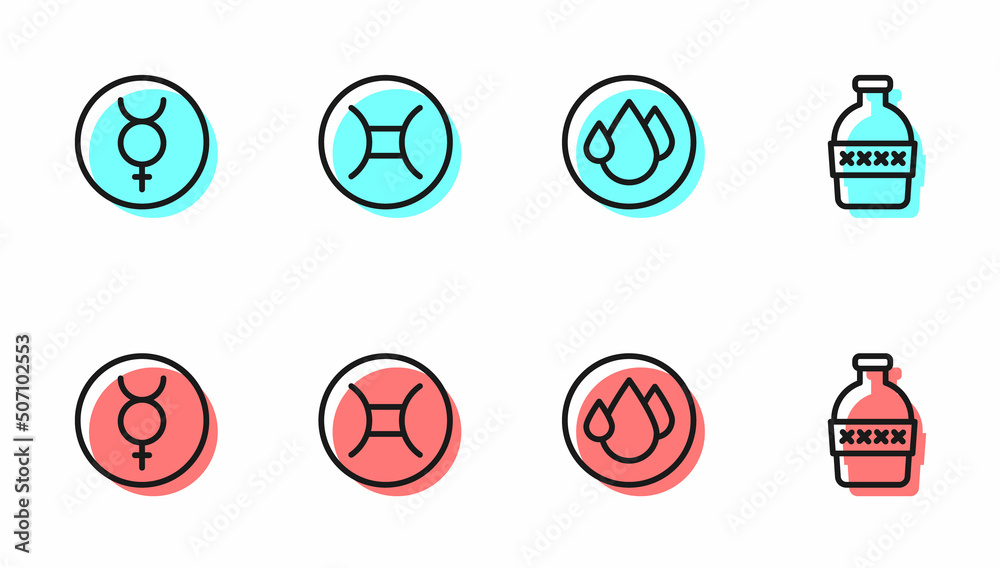 Set line Water drop, Symbol Mercury, Gemini zodiac and Bottle of water icon. Vector