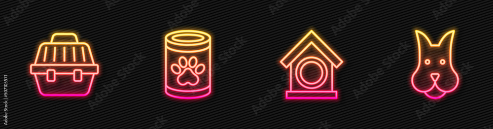 Set line Dog house, Pet carry case, Canned food and . Glowing neon icon. Vector