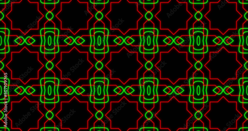 Image of kaleidoscope neon pattern moving in hypnotic motion on seamless loop