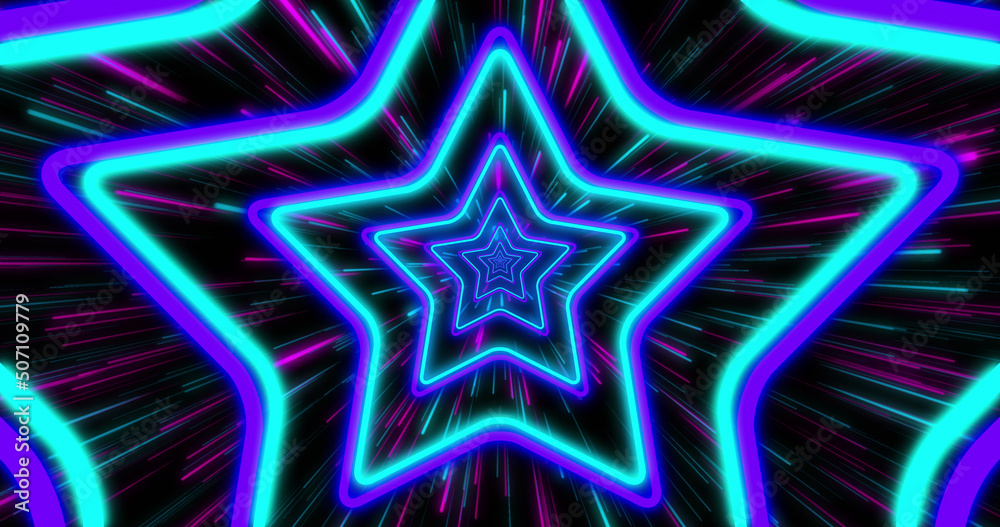 Image of purple and blue stars neon pattern moving in hypnotic motion on seamless loop