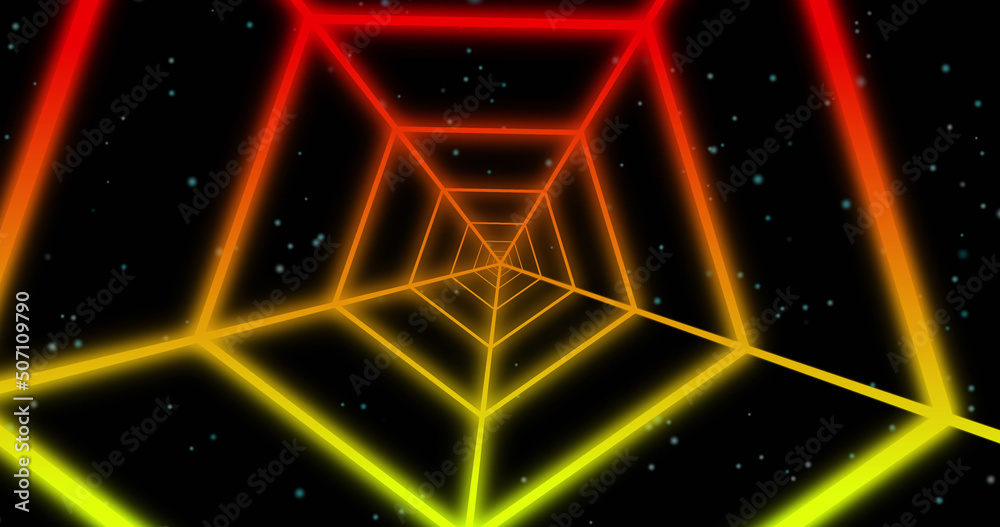 Image of red and yellow neon pattern moving in hypnotic motion on seamless loop