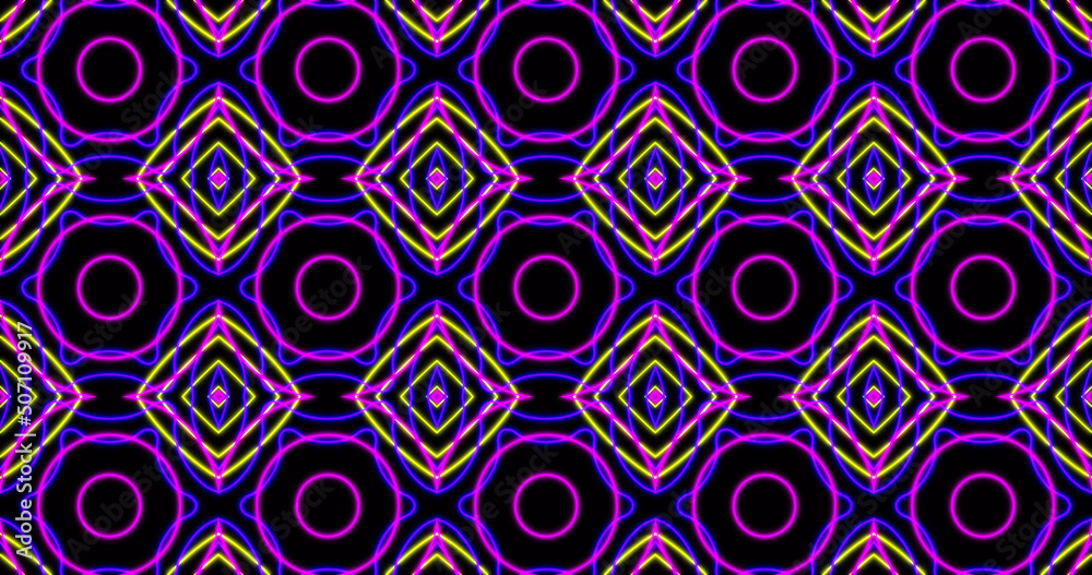 Image of kaleidoscope neon pattern moving in hypnotic motion on seamless loop