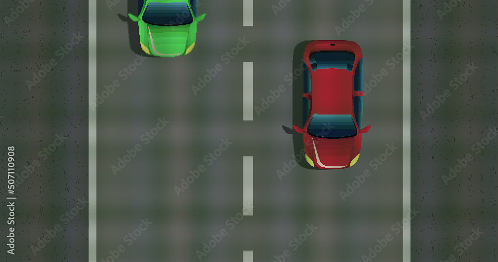 Image of image game screen with cars racing on moving street