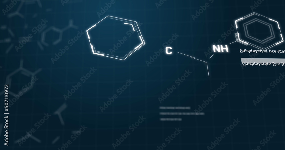 Image of chemical formula structures and data moving on blue background