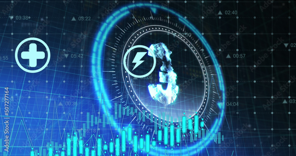 Image of euro symbol on rotating safe lock and domestic finance icons over data processing