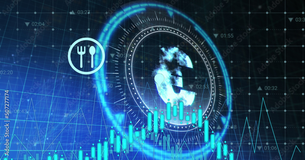 Image of euro symbol on rotating safe lock and domestic finance icons over data processing