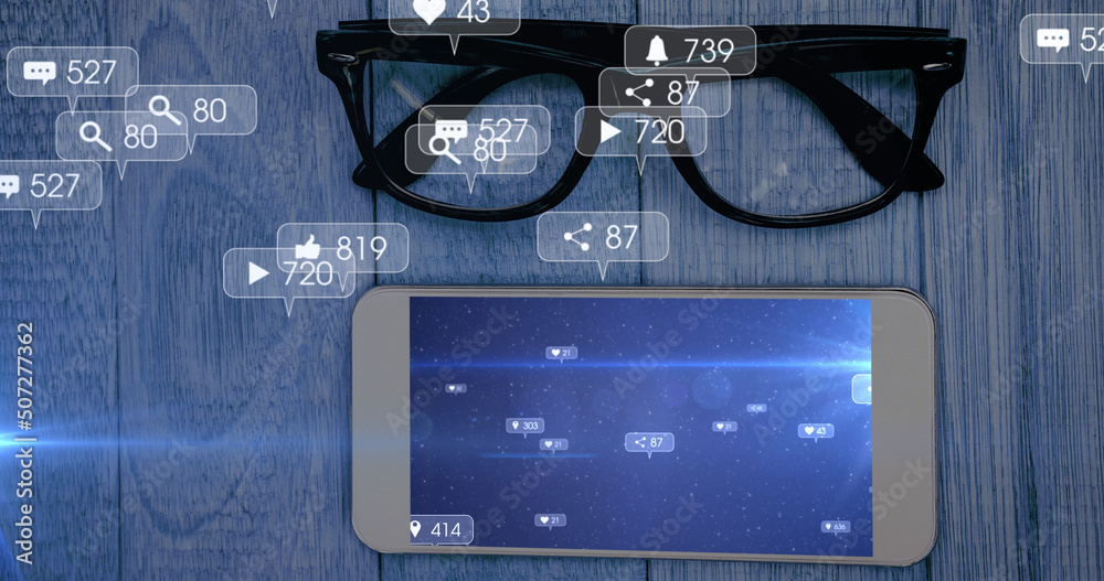 Image of social media icons and numbers over smartphone and glasses