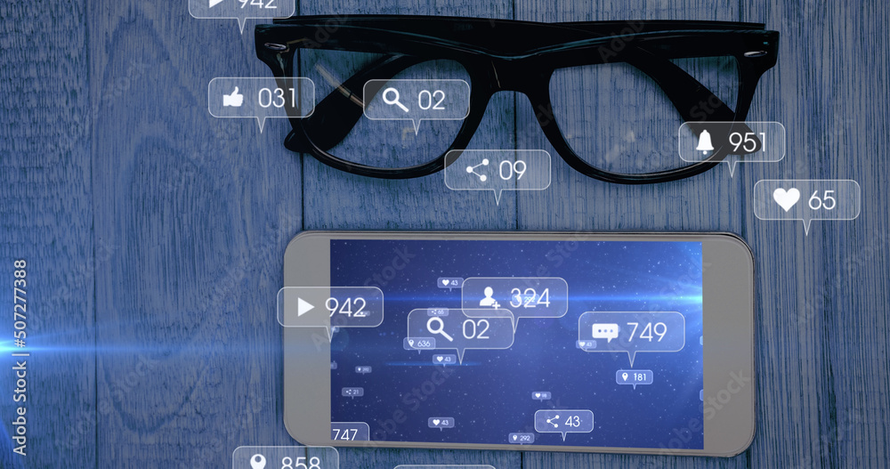 Image of social media icons and numbers over smartphone and glasses