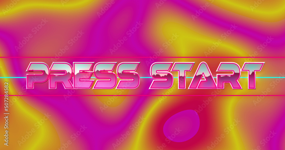 Image of press start over background with changing colorful waves