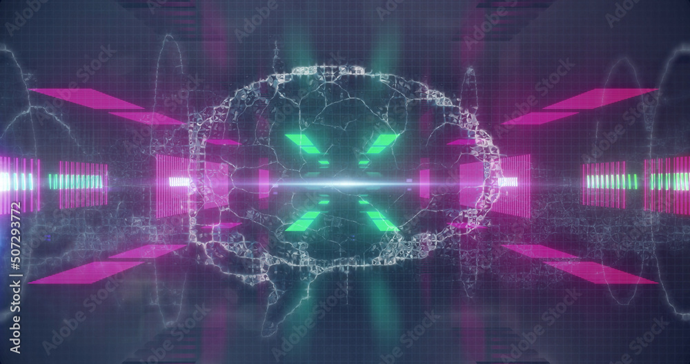 Image of neon lights moving over brain and waves on black background