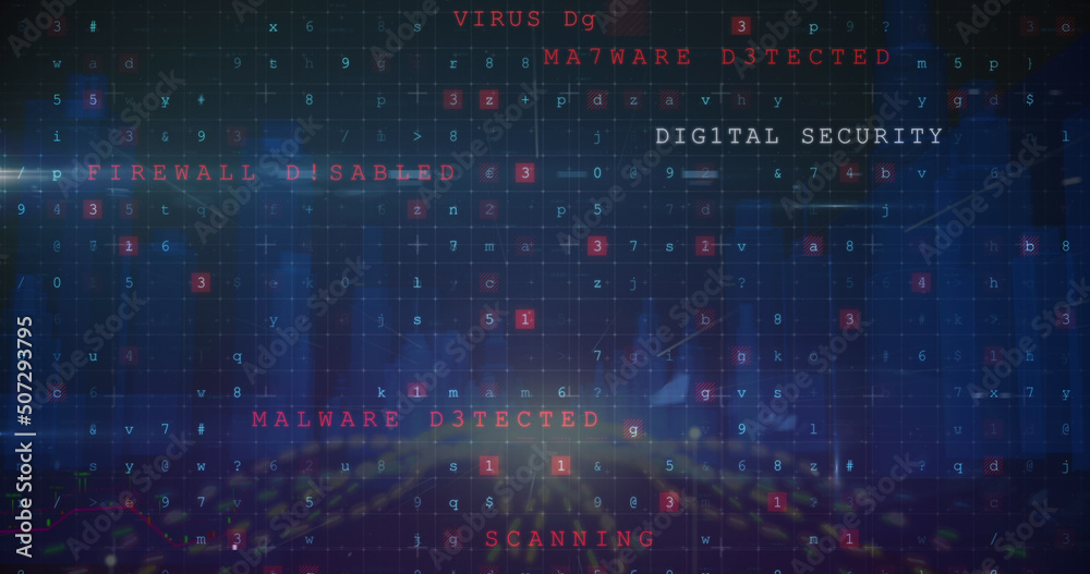 Image of cyber attack warning and financial data processing over cityscape