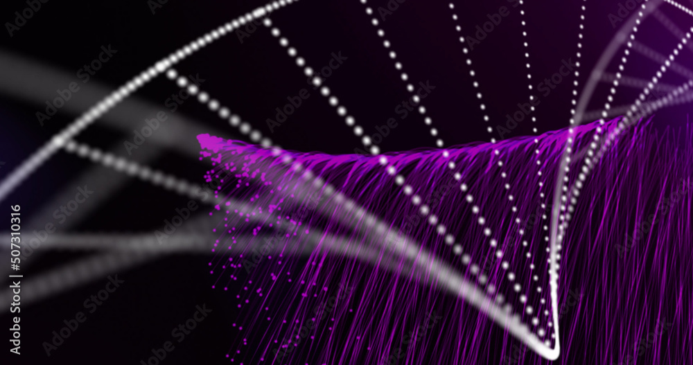 Image of dna strand spinning with purple light trails over black background