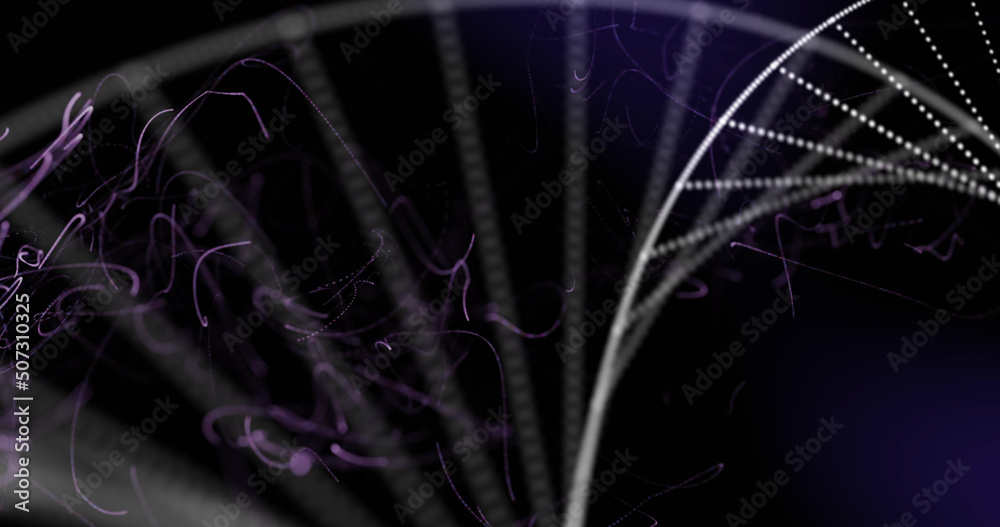 Image of dna strand spinning over purple glowing mesh