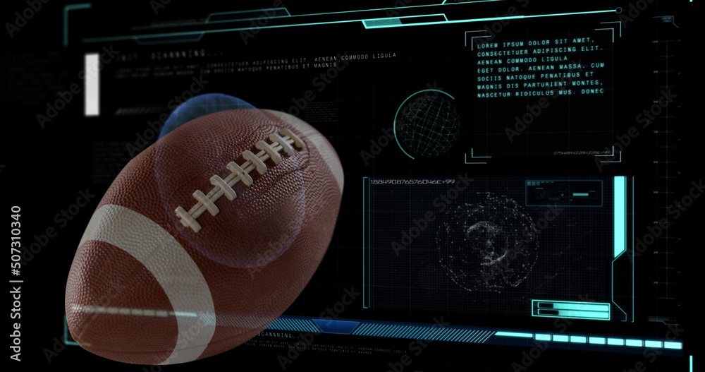 Image of american football ball over data processing on black background