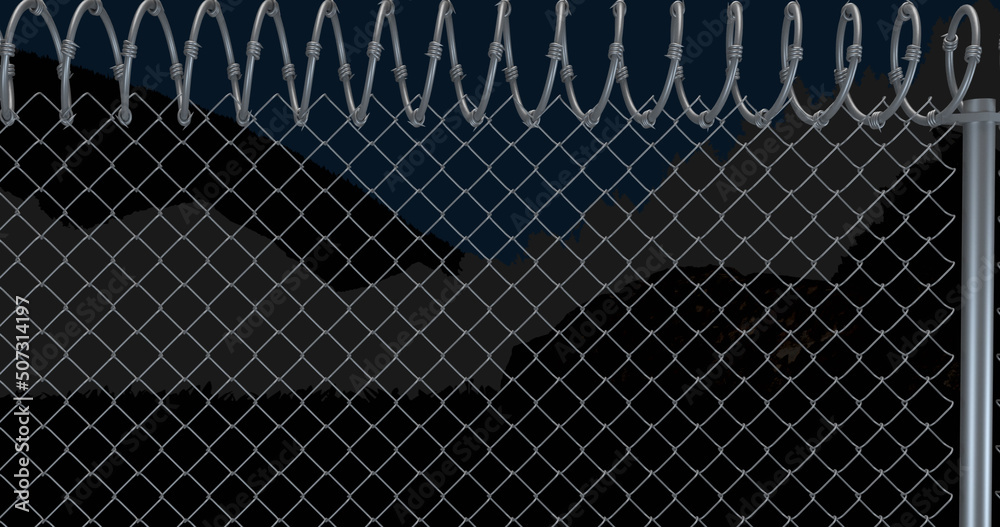 Image of fence with barbed wire over view of mountain