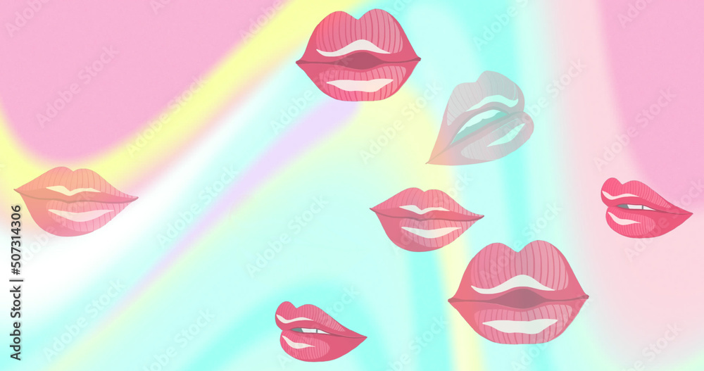 Image of open mouths over pastel colorful background with waves