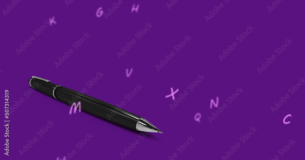 Image of letters floating over pen on violet background