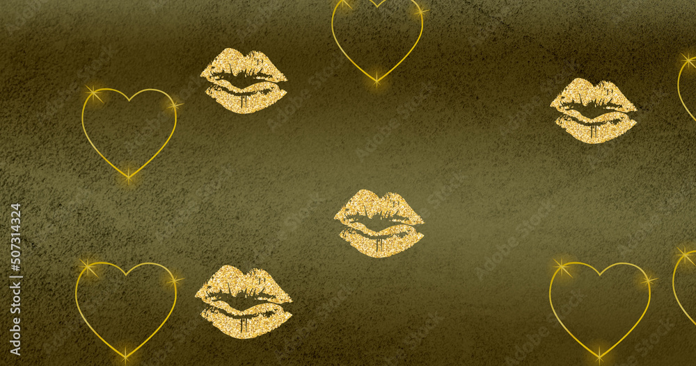 Image of lips and hearts over yellow background