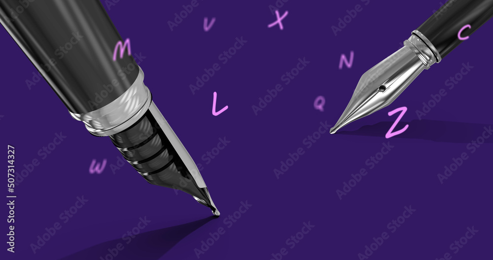 Image of letters floating over pens on violet background