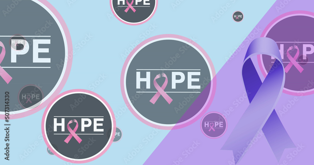 Image of hope in circles with ribbon over blue and violet background