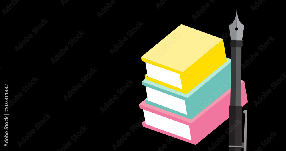 Image of books and pen on black background