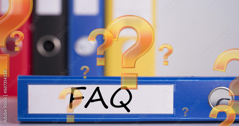 Image of question marks floating over binder with faq