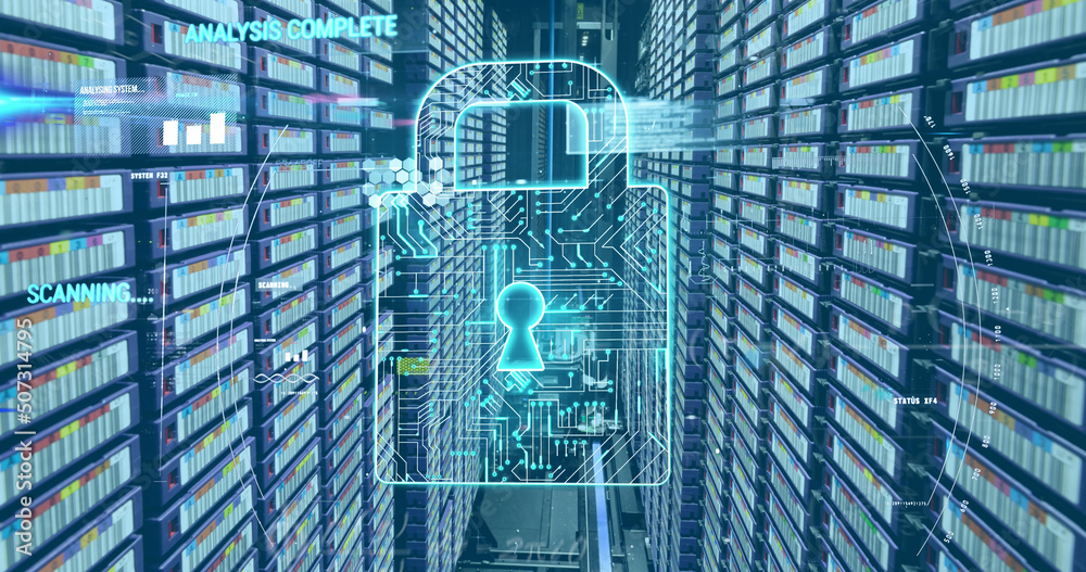 Image of padlock icon and data processing over server room